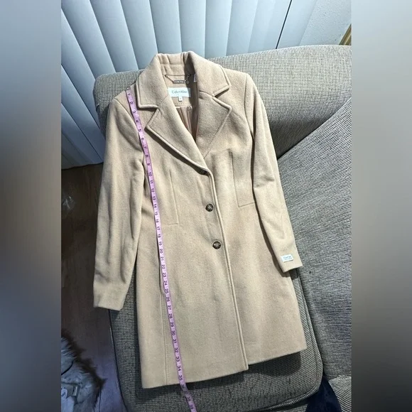 Calvin Klein Wool Polyester Cashmere Blend Tan Camel Coat Jacket - Picture 3 of 16